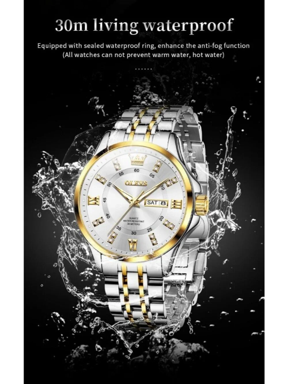 Mens Silver Gold Diamond Stainless Steel Waterproof Luminous Luxury Analog Watch